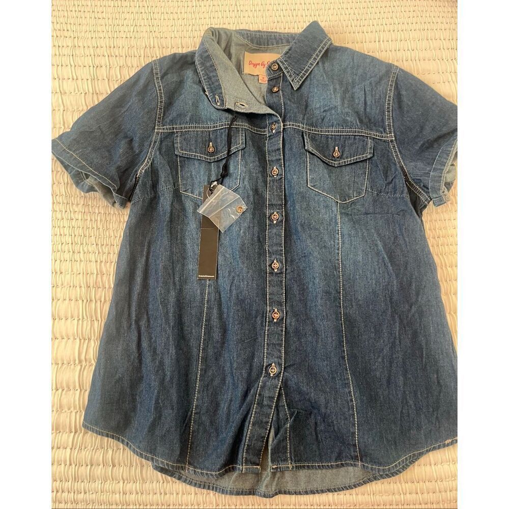 Design by Olivia Women's Cap Sleeve Button Down Denim Chambray Shirt NEEW NWt - Picture 5 of 9